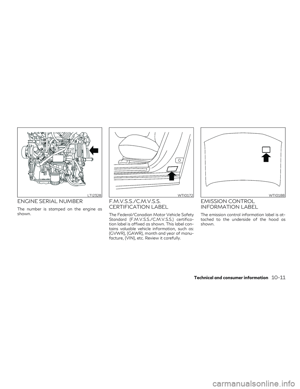 INFINITI QX50 2019 Owners Manual ENGINE SERIAL NUMBER
The number is stamped on the engine as
shown.
F.M.V.S.S./C.M.V.S.S.
CERTIFICATION LABEL
The Federal/Canadian Motor Vehicle Safety
Standard (F.M.V.S.S./C.M.V.S.S.) certifica-
tion INFINITI QX50 2019 Owners Manual ENGINE SERIAL NUMBER
The number is stamped on the engine as
shown.
F.M.V.S.S./C.M.V.S.S.
CERTIFICATION LABEL
The Federal/Canadian Motor Vehicle Safety
Standard (F.M.V.S.S./C.M.V.S.S.) certifica-
tion