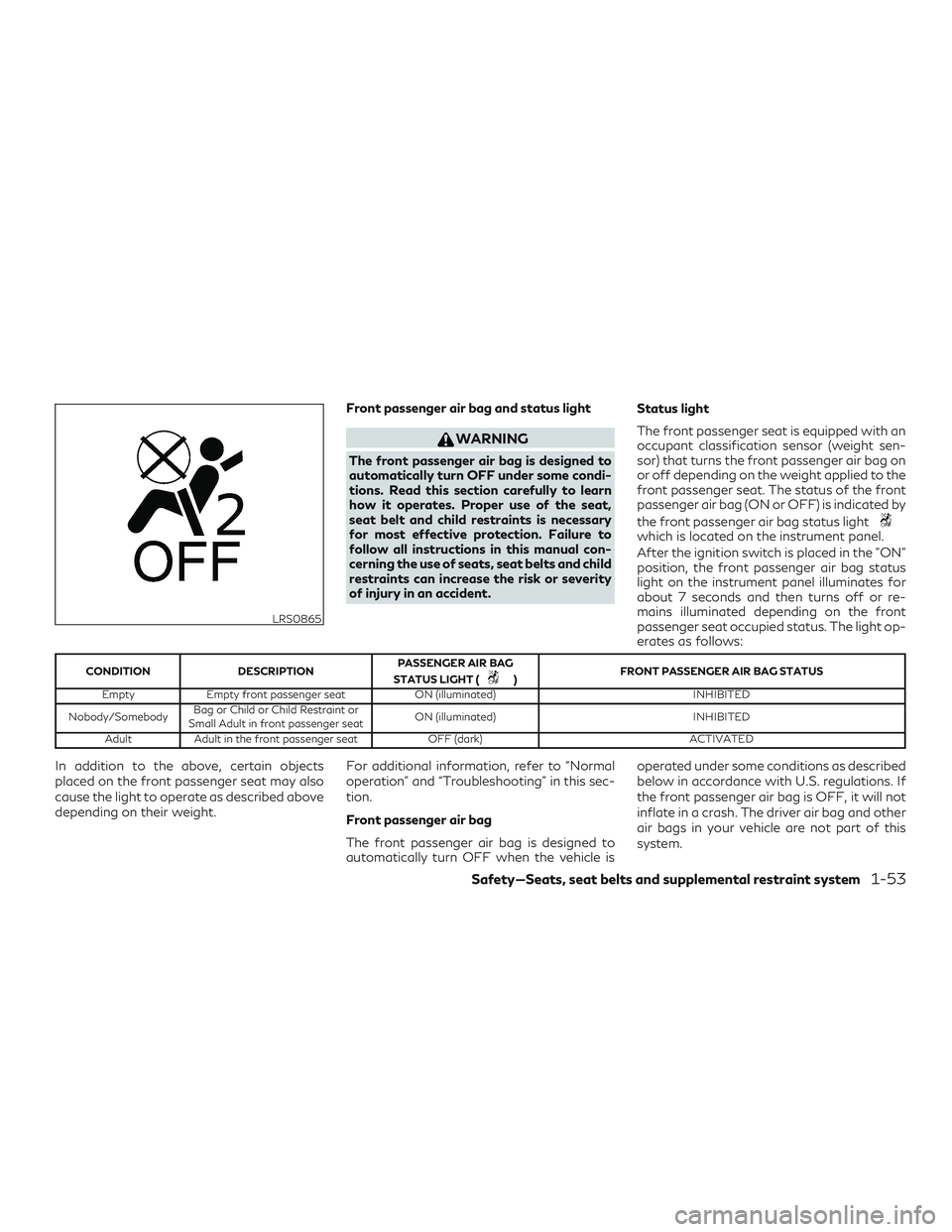 INFINITI QX50 2019 Owners Manual Front passenger air bag and status light
WARNING
The front passenger air bag is designed to
automatically turn OFF under some condi-
tions. Read this section carefully to learn
how it operates. Proper INFINITI QX50 2019 Owners Manual Front passenger air bag and status light
WARNING
The front passenger air bag is designed to
automatically turn OFF under some condi-
tions. Read this section carefully to learn
how it operates. Proper