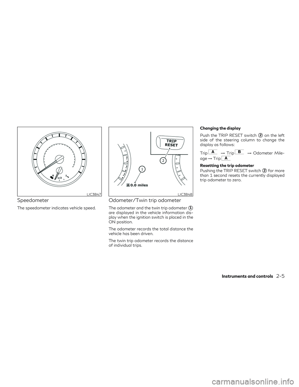INFINITI QX50 2019  Owners Manual Speedometer
The speedometer indicates vehicle speed.
Odometer/Twin trip odometer
The odometer and the twin trip odometer1
are displayed in the vehicle information dis-
play when the ignition switch i