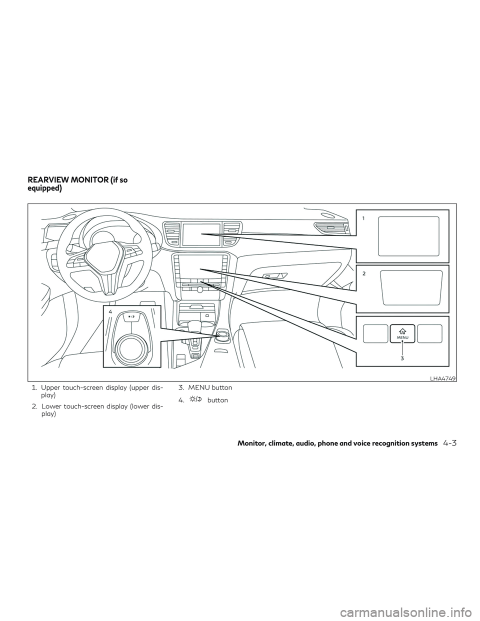 INFINITI QX50 2020  Owners Manual 1. Upper touch-screen display (upper dis-play)
2. Lower touch-screen display (lower dis- play) 3. MENU button
4.
button
LHA4749
REARVIEW MONITOR (if so
equipped)
Monitor, climate, audio, phone and voi