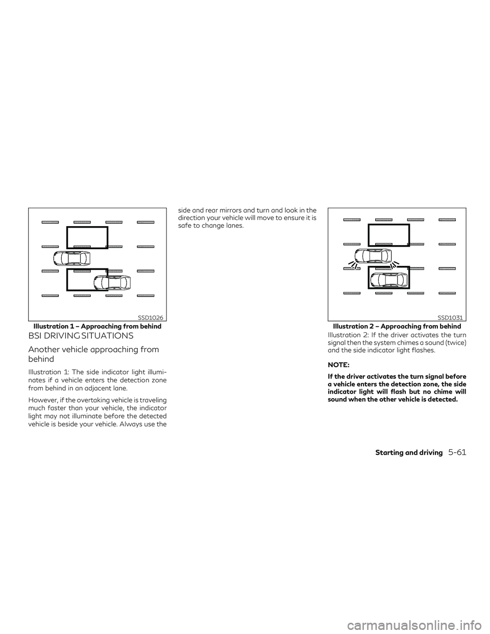 INFINITI QX50 2020 Owners Manual BSI DRIVING SITUATIONS
Another vehicle approaching from
behind
Illustration 1: The side indicator light illumi-
nates if a vehicle enters the detection zone
from behind in an adjacent lane.
However, i INFINITI QX50 2020 Owners Manual BSI DRIVING SITUATIONS
Another vehicle approaching from
behind
Illustration 1: The side indicator light illumi-
nates if a vehicle enters the detection zone
from behind in an adjacent lane.
However, i