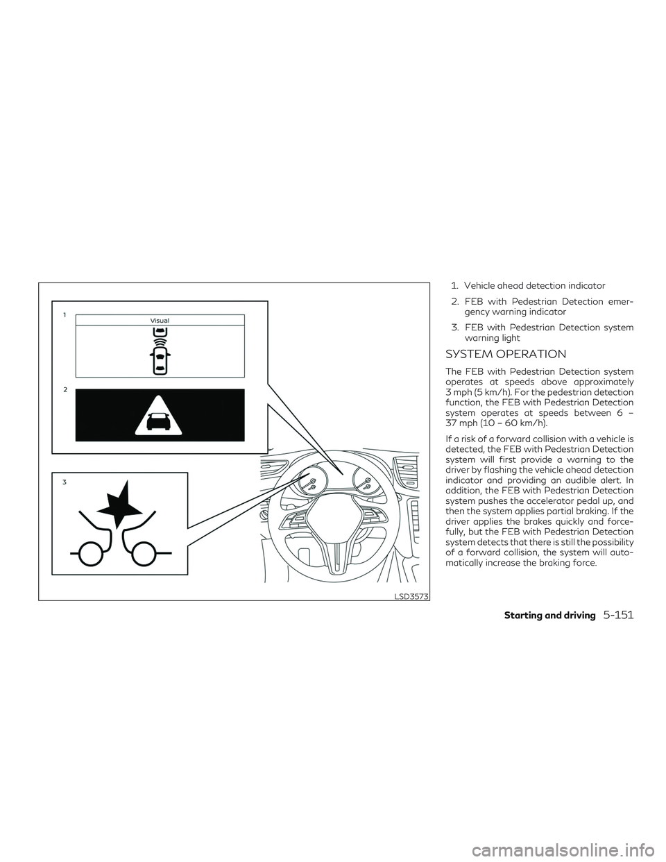 INFINITI QX50 2020  Owners Manual 1. Vehicle ahead detection indicator
2. FEB with Pedestrian Detection emer-gency warning indicator
3. FEB with Pedestrian Detection system warning light
SYSTEM OPERATION
The FEB with Pedestrian Detect