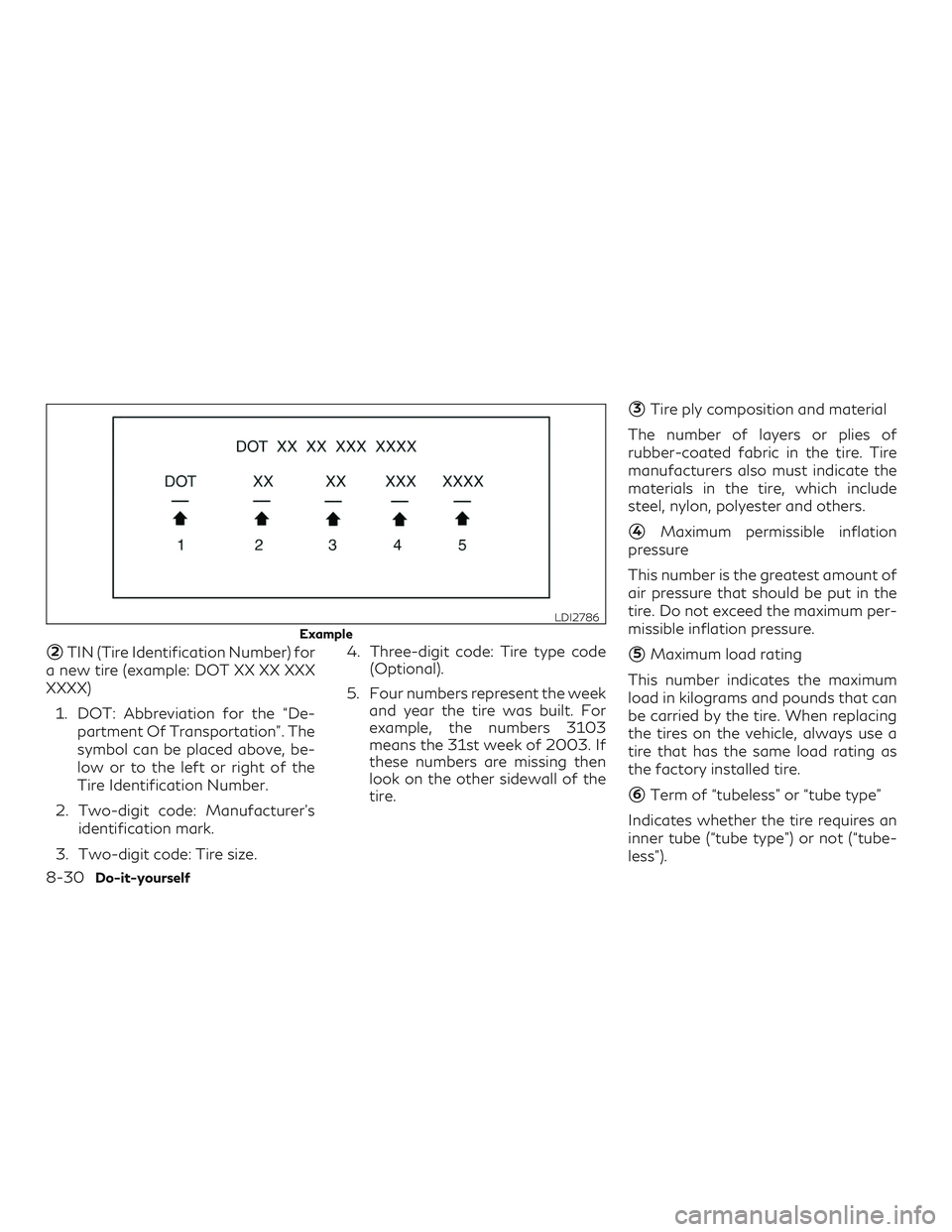 INFINITI QX50 2020 User Guide 2TIN (Tire Identification Number) for
a new tire (example: DOT XX XX XXX
XXXX)
1. DOT: Abbreviation for the “De- partment Of Transportation”. The
symbol can be placed above, be-
low or to the lef