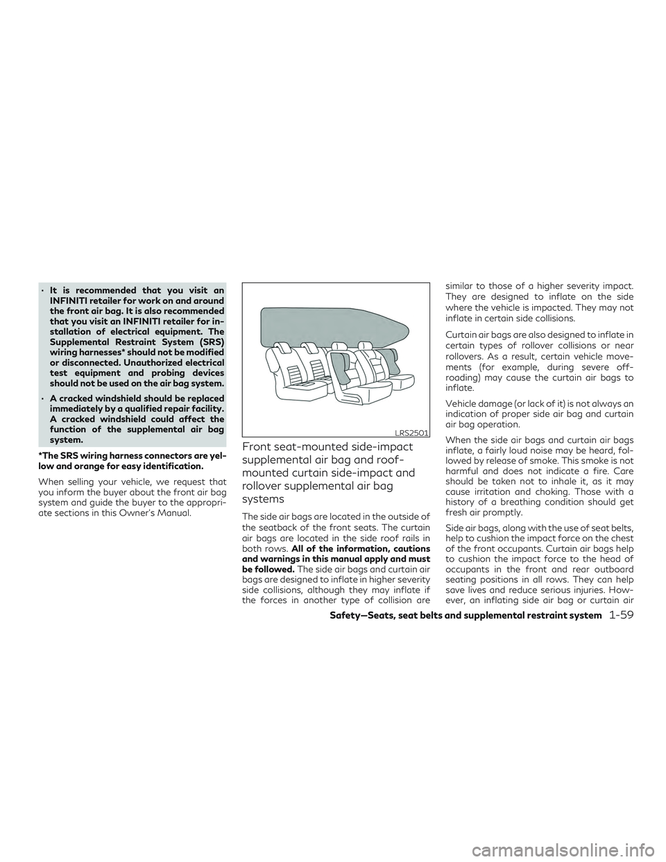 INFINITI QX50 2020 Manual PDF ∙ It is recommended that you visit anINFINITI retailer for work on and around
the front air bag. It is also recommended
that you visit an INFINITI retailer for in-
stallation of electrical equipment INFINITI QX50 2020 Manual PDF ∙ It is recommended that you visit anINFINITI retailer for work on and around
the front air bag. It is also recommended
that you visit an INFINITI retailer for in-
stallation of electrical equipment