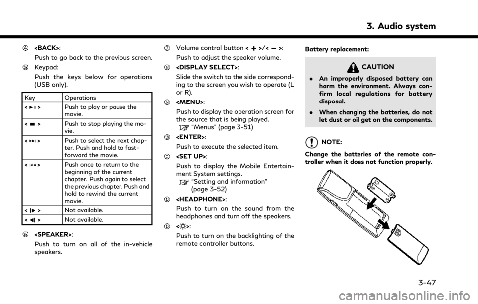 INFINITI QX50 2021  Owners Manual <BACK>:
Push to go back to the previous screen.
Keypad:
Push the keys below for operations
(USB only).
Key Operations
<
>Push to play or pause the
movie.
<
> Push to stop playing the mo-
vie.
<
> Push