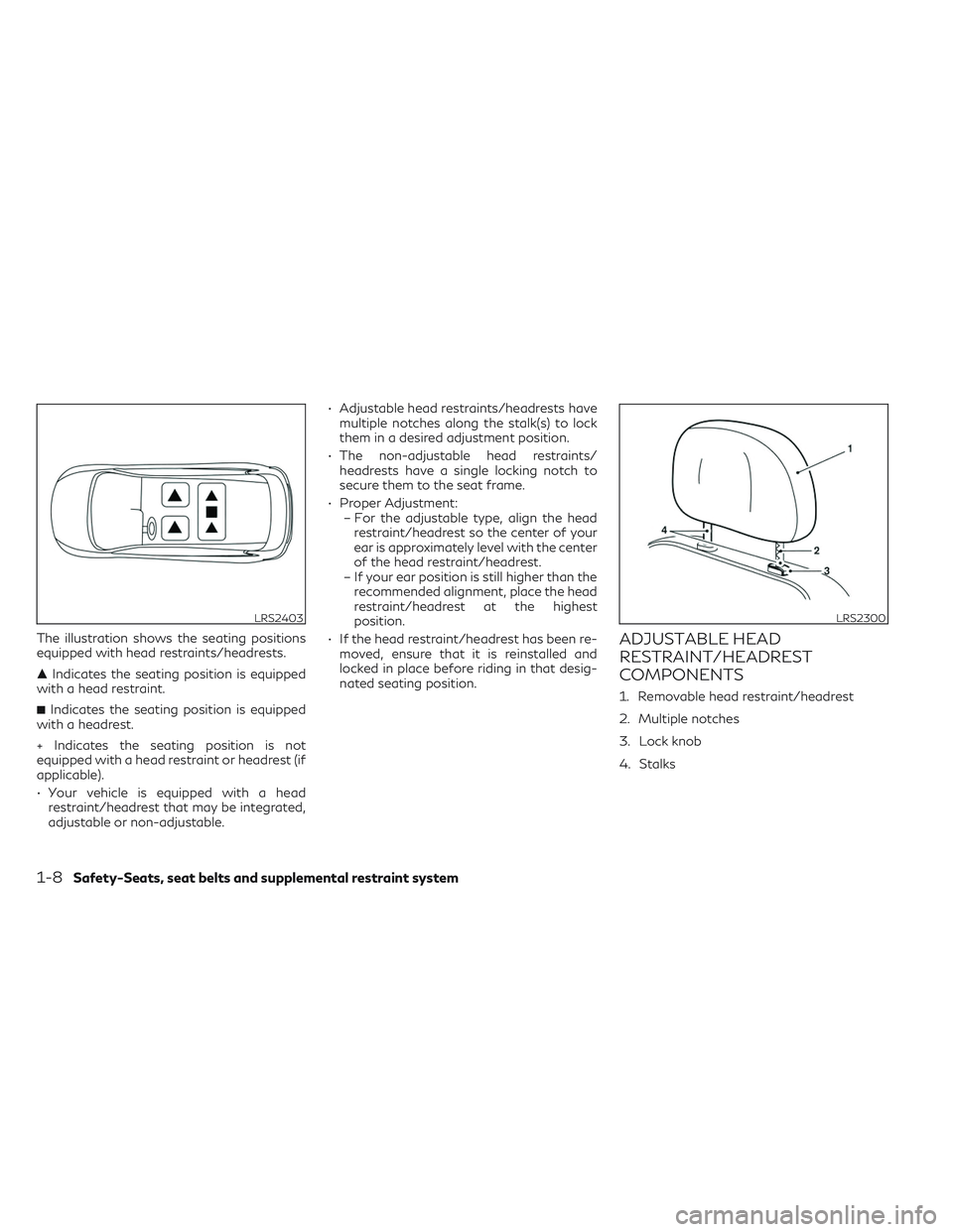 INFINITI QX50 2022  Owners Manual The illustration shows the seating positions
equipped with head restraints/headrests.
Indicates the seating position is equipped
with a head restraint.
 Indicates the seating position is equipped
wi