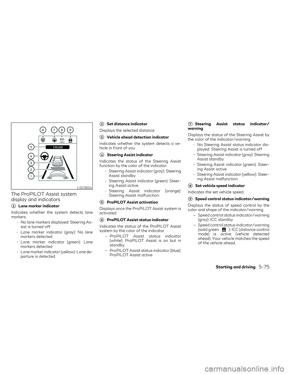 INFINITI QX50 2022 Repair Manual The ProPILOT Assist system
display and indicators
1Lane marker indicator
Indicates whether the system detects lane
markers • No lane markers displayed: Steering As-sist is turned off
• Lane marke