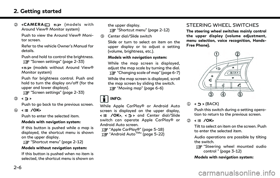 INFINITI QX55 2022 Owners Manual 2. Getting started
<CAMERA>(models with
Around View® Monitor system)
Push to view the Around View® Moni-
tor screen.
Refer to the vehicle Owner’s Manual for
details.
Push and hold to control the b INFINITI QX55 2022 Owners Manual 2. Getting started
<CAMERA>(models with
Around View® Monitor system)
Push to view the Around View® Moni-
tor screen.
Refer to the vehicle Owner’s Manual for
details.
Push and hold to control the b