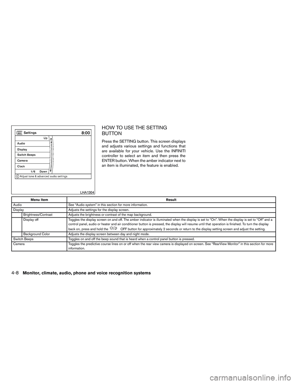 INFINITI QX60 2014 User Guide HOW TO USE THE SETTING
BUTTON
Press the SETTING button. This screen displays
and adjusts various settings and functions that
are available for your vehicle. Use the INFINITI
controller to select an it