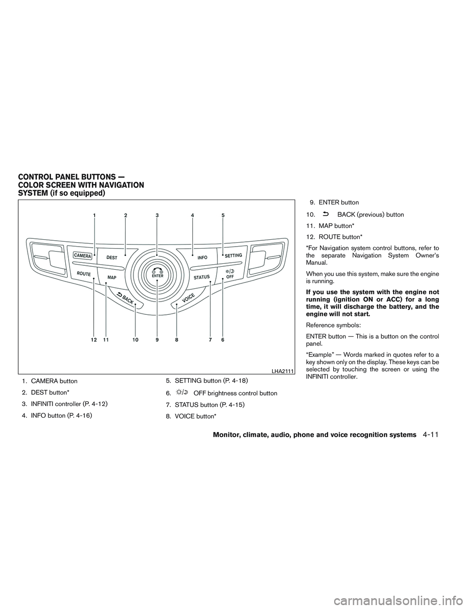 INFINITI QX60 2014  Owners Manual 1. CAMERA button
2. DEST button*
3. INFINITI controller (P. 4-12)
4. INFO button (P. 4-16)5. SETTING button (P. 4-18)
6.
OFF brightness control button
7. STATUS button (P. 4-15)
8. VOICE button* 9. EN
