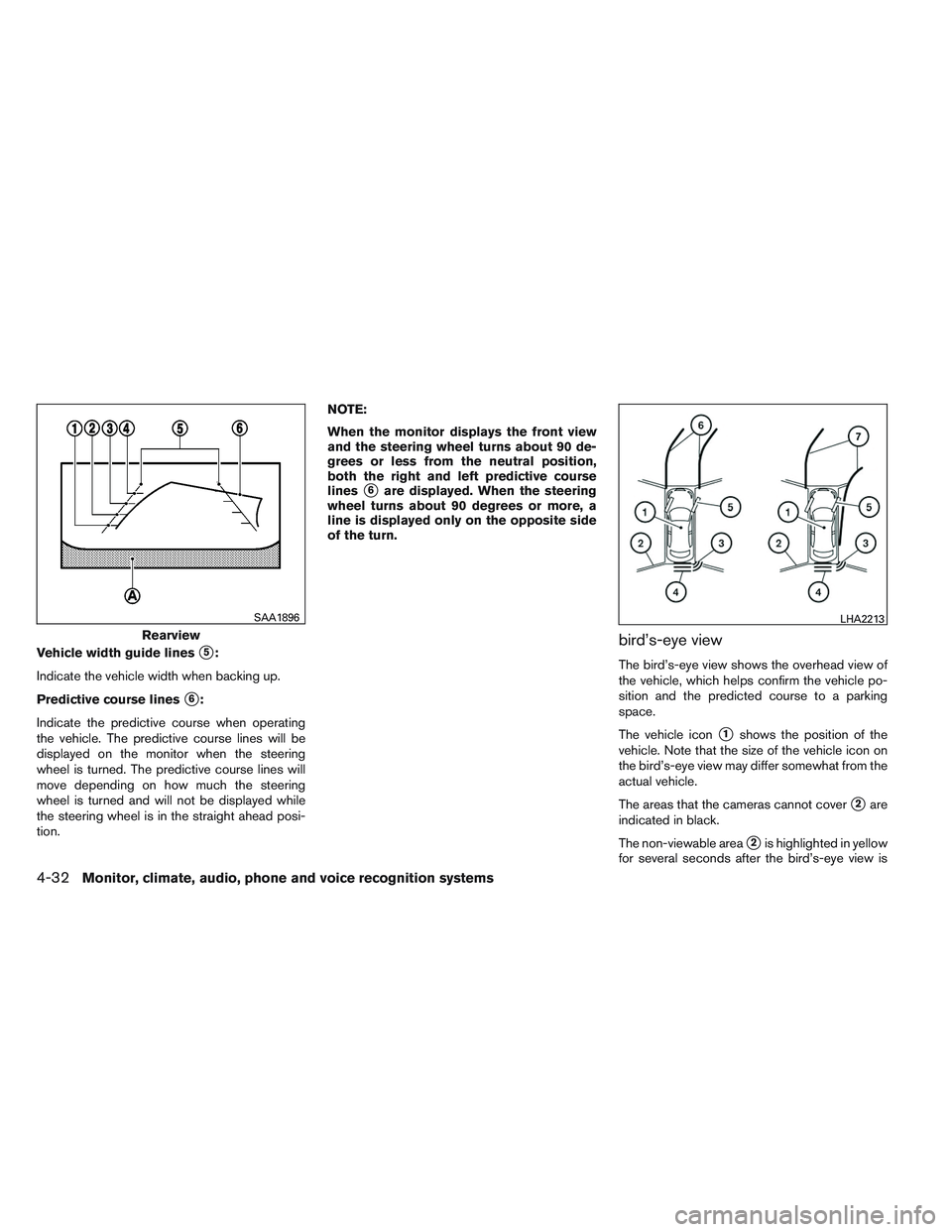 INFINITI QX60 2014  Owners Manual Vehicle width guide lines5:
Indicate the vehicle width when backing up.
Predictive course lines
6:
Indicate the predictive course when operating
the vehicle. The predictive course lines will be
disp