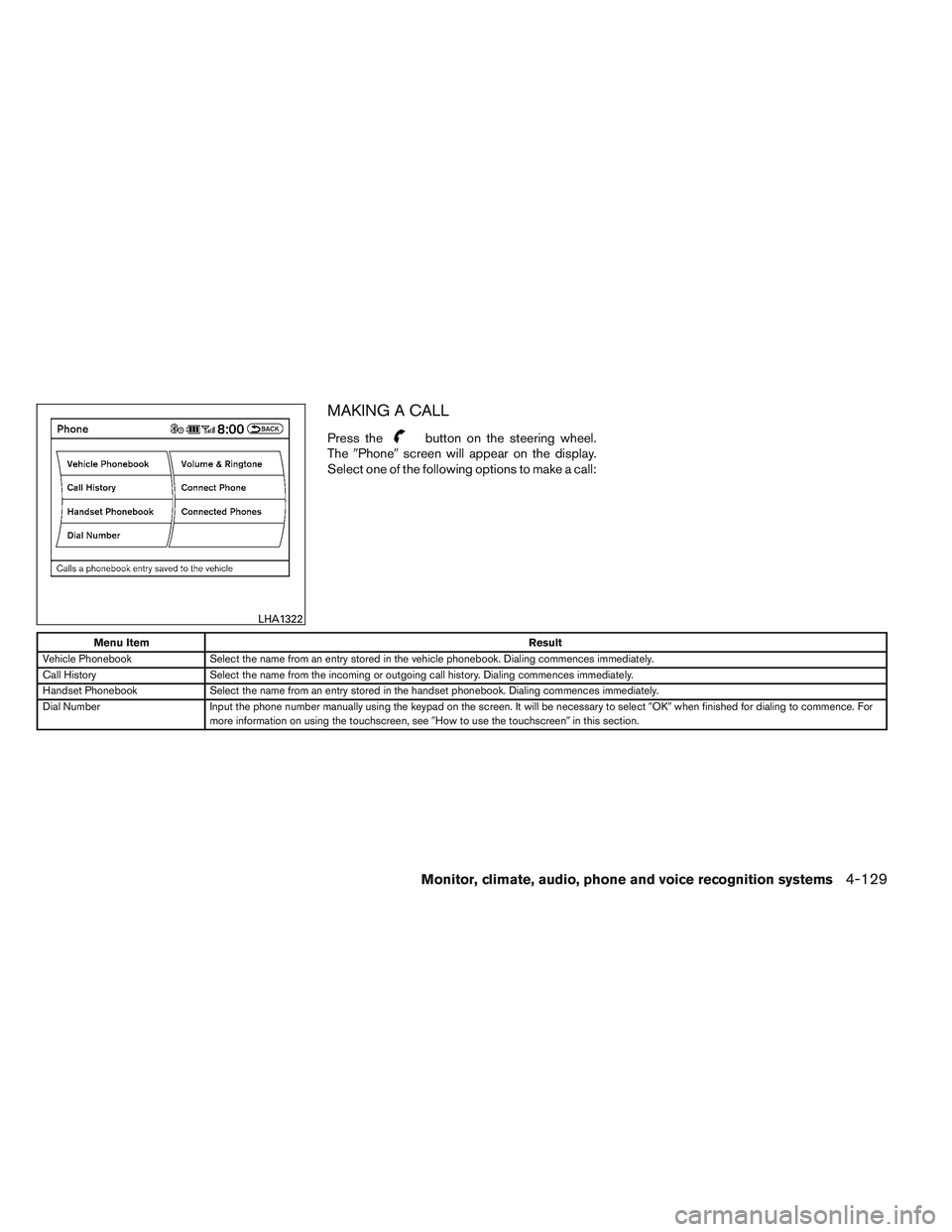 INFINITI QX60 2014  Owners Manual MAKING A CALL
Press thebutton on the steering wheel.
The Phone screen will appear on the display.
Select one of the following options to make a call:
Menu Item Result
Vehicle Phonebook Select the na