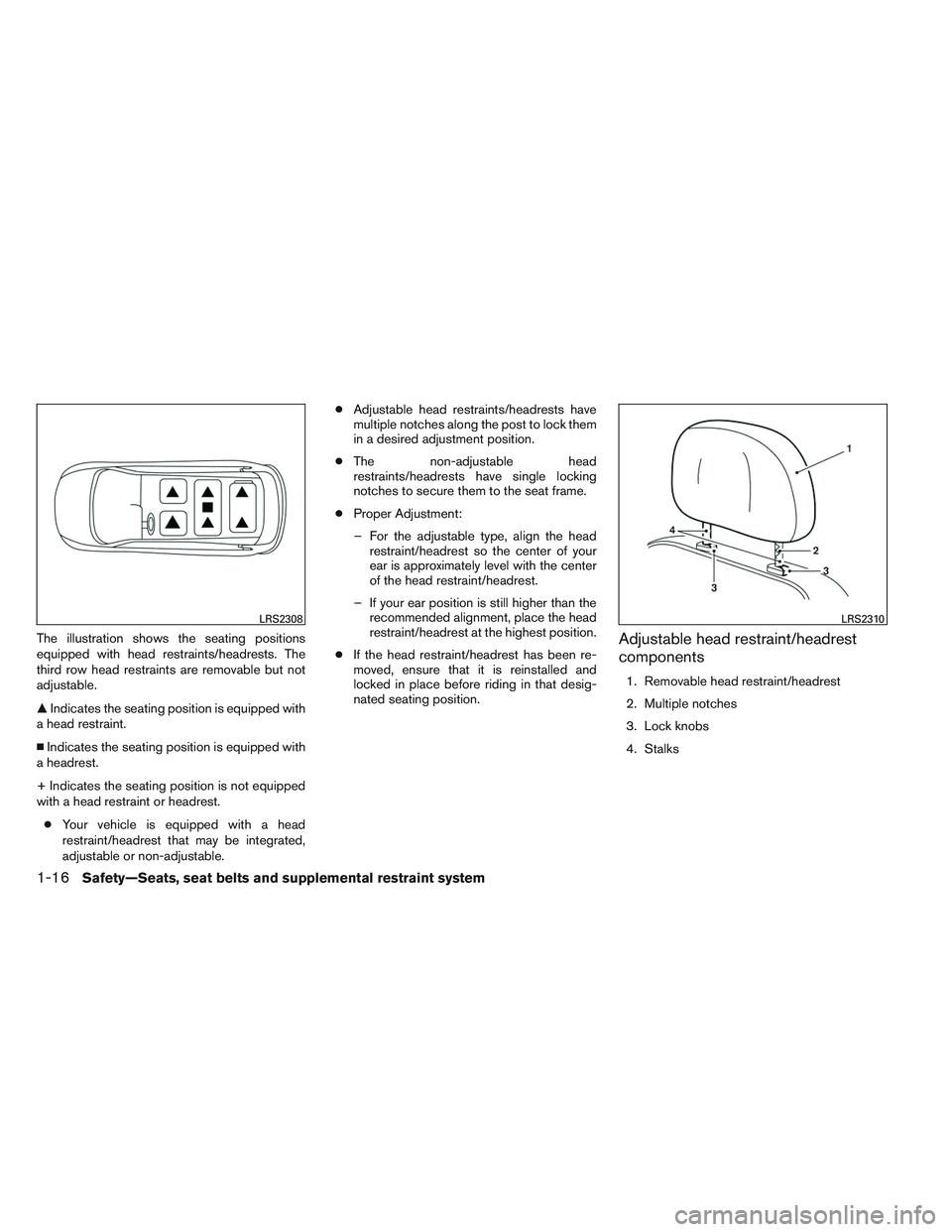 INFINITI QX60 2014 Owners Guide The illustration shows the seating positions
equipped with head restraints/headrests. The
third row head restraints are removable but not
adjustable.
Indicates the seating position is equipped with
a