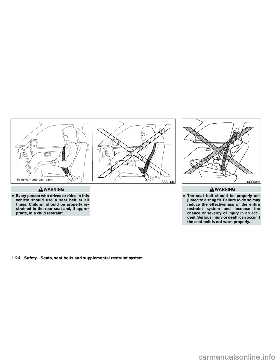 INFINITI QX60 2014 Service Manual WARNING
●Every person who drives or rides in this
vehicle should use a seat belt at all
times. Children should be properly re-
strained in the rear seat and, if appro-
priate, in a child restraint.

