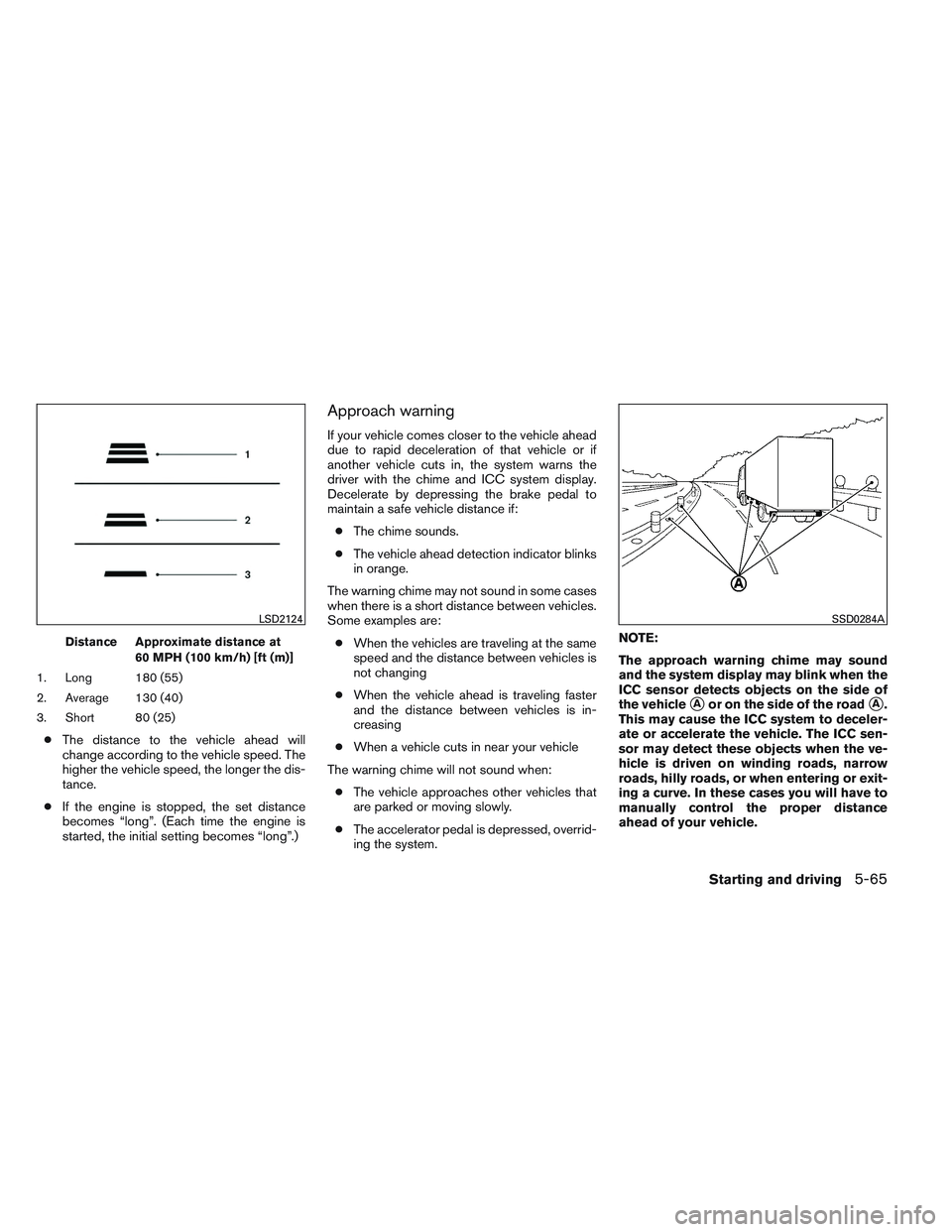 INFINITI QX60 2014 Service Manual Distance Approximate distance at60 MPH (100 km/h) [ft (m)]
1. Long 180 (55)
2. Average 130 (40)
3. Short 80 (25)
● The distance to the vehicle ahead will
change according to the vehicle speed. The
h