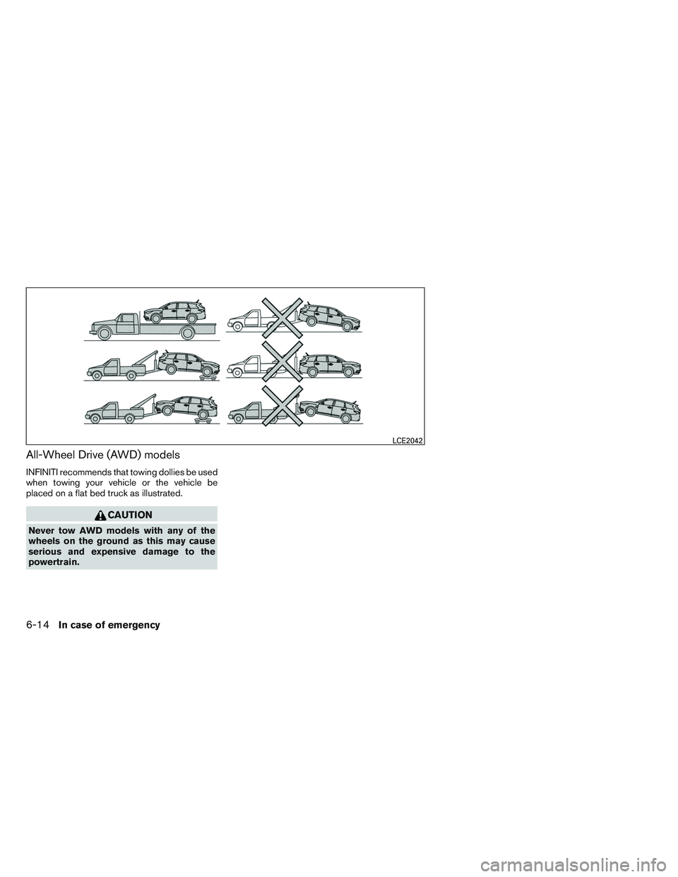 INFINITI QX60 2014  Owners Manual All-Wheel Drive (AWD) models
INFINITI recommends that towing dollies be used
when towing your vehicle or the vehicle be
placed on a flat bed truck as illustrated.
CAUTION
Never tow AWD models with any