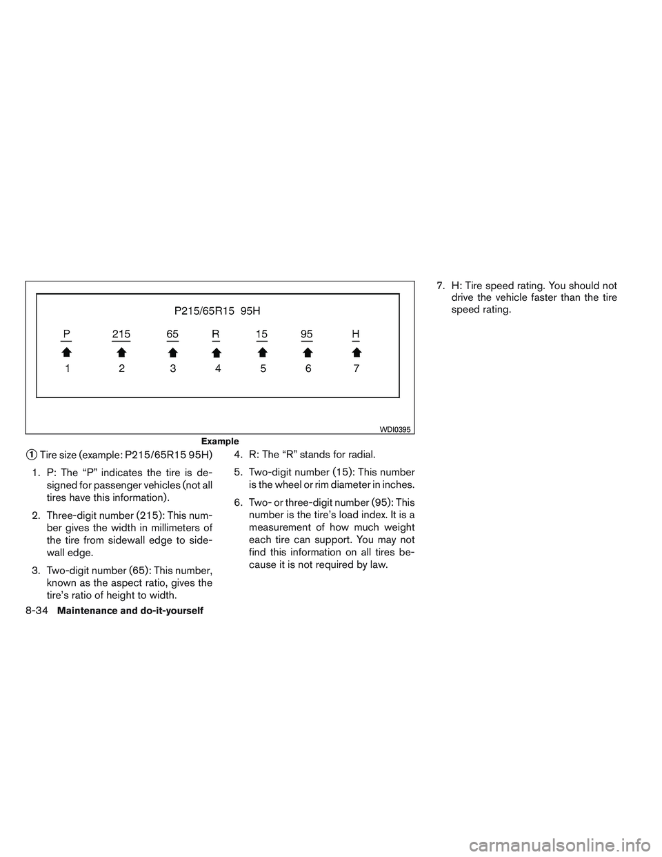 INFINITI QX60 2014  Owners Manual 1Tire size (example: P215/65R15 95H)
1. P: The “P” indicates the tire is de- signed for passenger vehicles (not all
tires have this information) .
2. Three-digit number (215): This num- ber gives