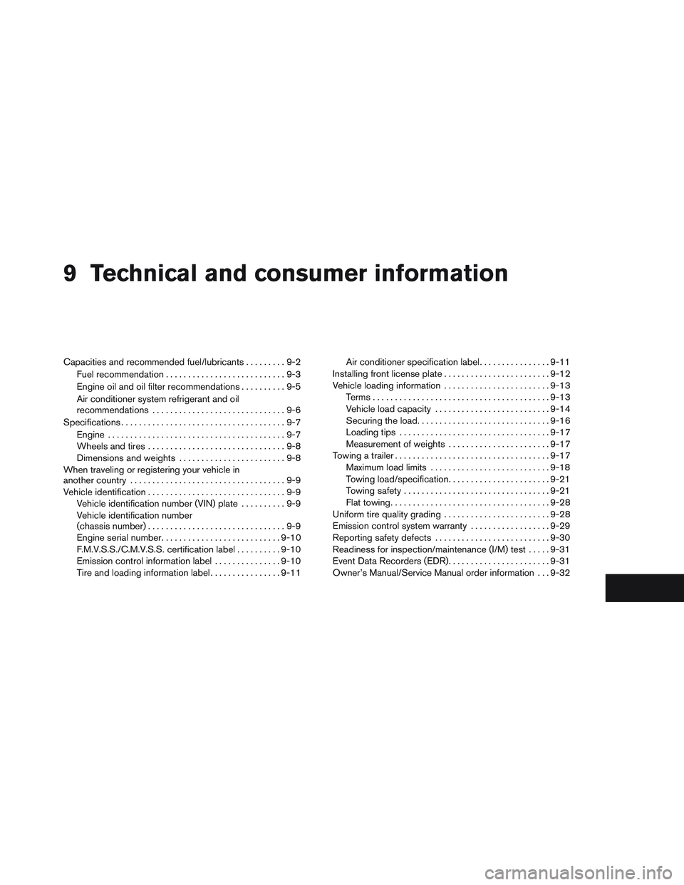 INFINITI QX60 2014 Owners Manual 9 Technical and consumer information
Capacities and recommended fuel/lubricants.........9-2
Fuel recommendation ...........................9-3
Engine oil and oil filter recommendations ..........9-5
A INFINITI QX60 2014 Owners Manual 9 Technical and consumer information
Capacities and recommended fuel/lubricants.........9-2
Fuel recommendation ...........................9-3
Engine oil and oil filter recommendations ..........9-5
A