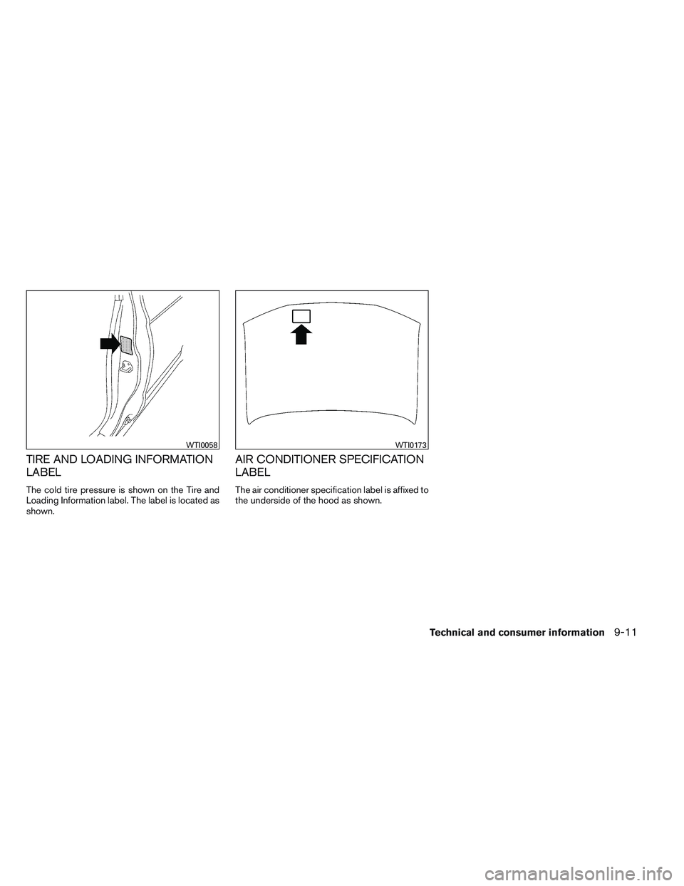 INFINITI QX60 2014  Owners Manual TIRE AND LOADING INFORMATION
LABEL
The cold tire pressure is shown on the Tire and
Loading Information label. The label is located as
shown.
AIR CONDITIONER SPECIFICATION
LABEL
The air conditioner spe