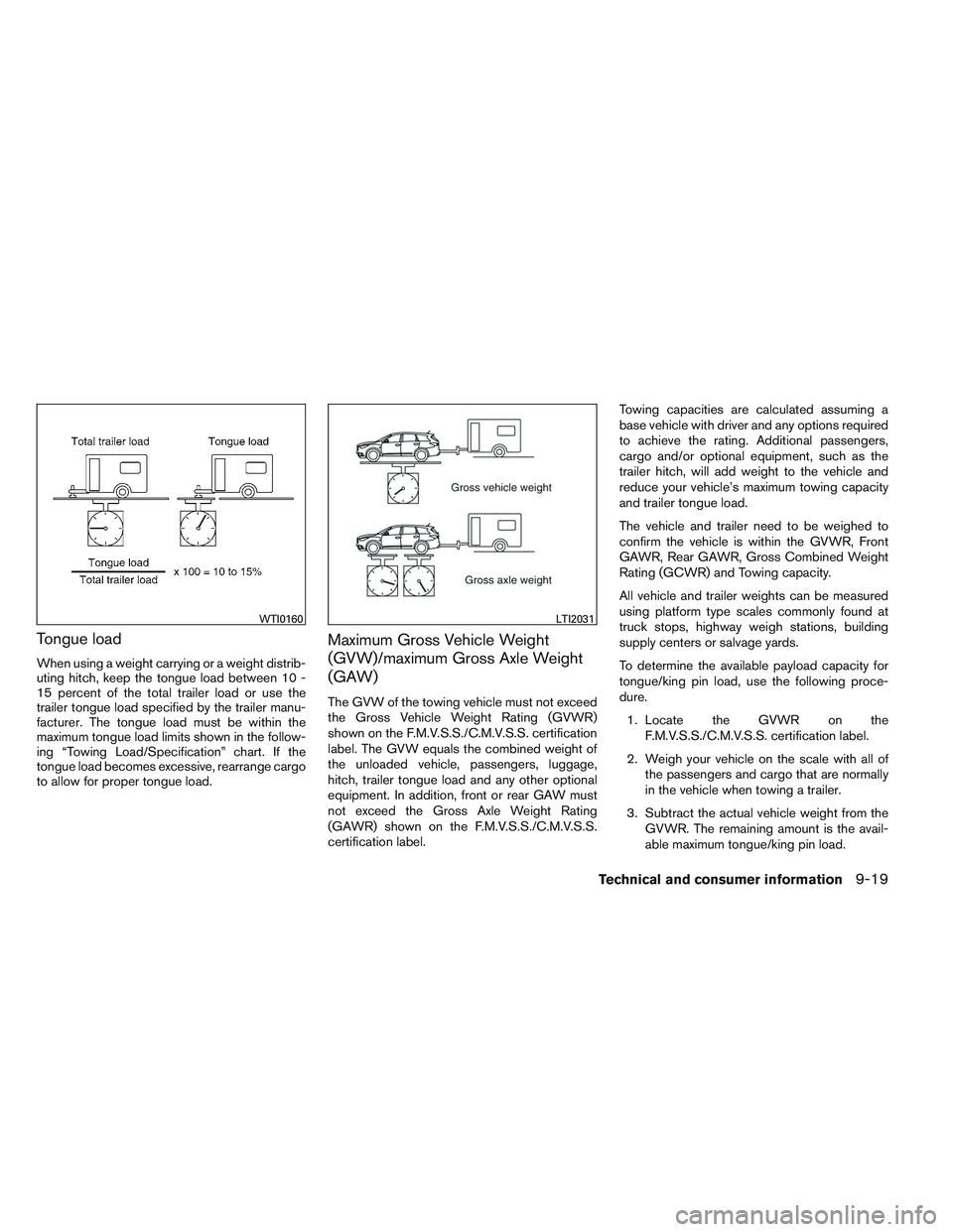 INFINITI QX60 2014  Owners Manual Tongue load
When using a weight carrying or a weight distrib-
uting hitch, keep the tongue load between 10 -
15 percent of the total trailer load or use the
trailer tongue load specified by the traile