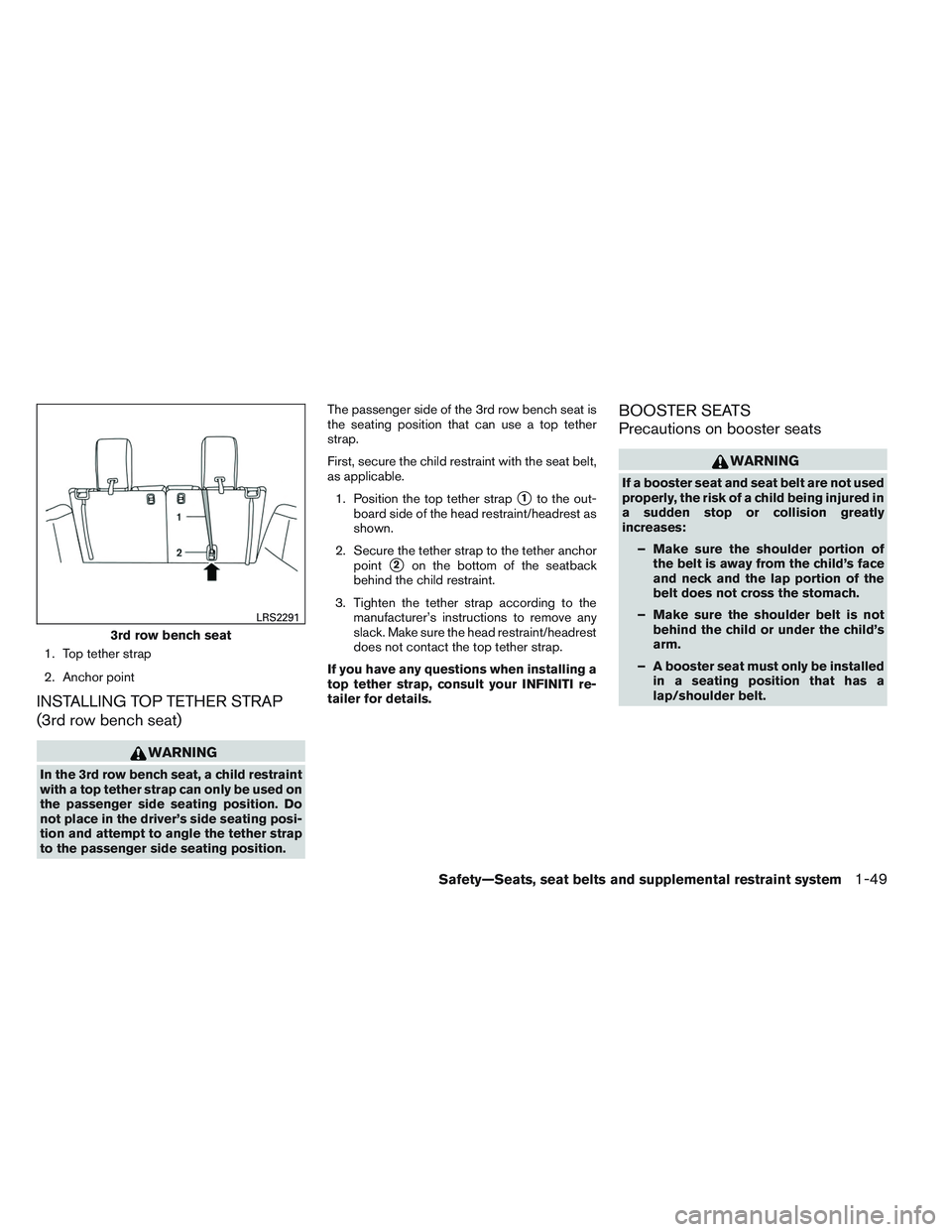 INFINITI QX60 2014 Repair Manual 1. Top tether strap
2. Anchor point
INSTALLING TOP TETHER STRAP
(3rd row bench seat)
WARNING
In the 3rd row bench seat, a child restraint
with a top tether strap can only be used on
the passenger side