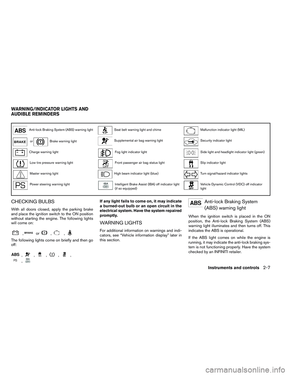 INFINITI QX60 2014  Owners Manual Anti-lock Braking System (ABS) warning lightSeat belt warning light and chimeMalfunction indicator light (MIL)
orBrake warning lightSupplemental air bag warning lightSecurity indicator light
Charge wa