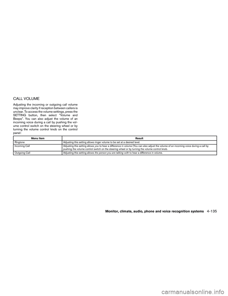 INFINITI QX60 2015  Owners Manual CALL VOLUME
Adjusting the incoming or outgoing call volume
may improve clarity if reception between callers is
unclear. To access the volume settings, press the
SETTING button, then select ”Volume a