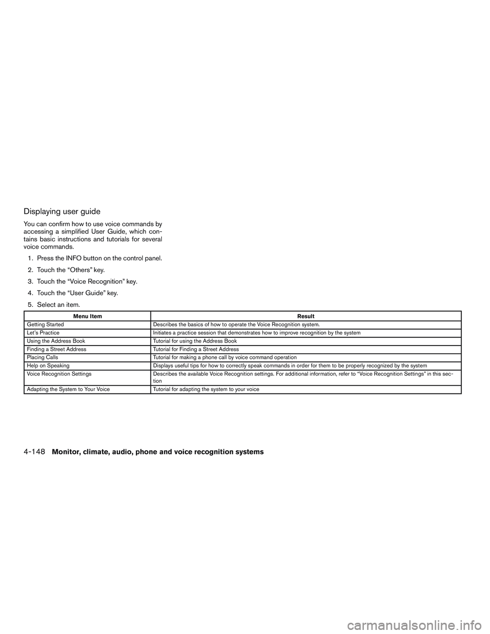 INFINITI QX60 2015  Owners Manual Displaying user guide
You can confirm how to use voice commands by
accessing a simplified User Guide, which con-
tains basic instructions and tutorials for several
voice commands.1. Press the INFO but