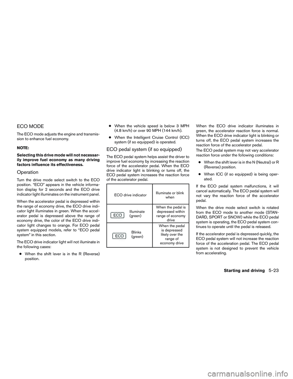 INFINITI QX60 2015  Owners Manual ECO MODE
The ECO mode adjusts the engine and transmis-
sion to enhance fuel economy.
NOTE:
Selecting this drive mode will not necessar-
ily improve fuel economy as many driving
factors influence its e