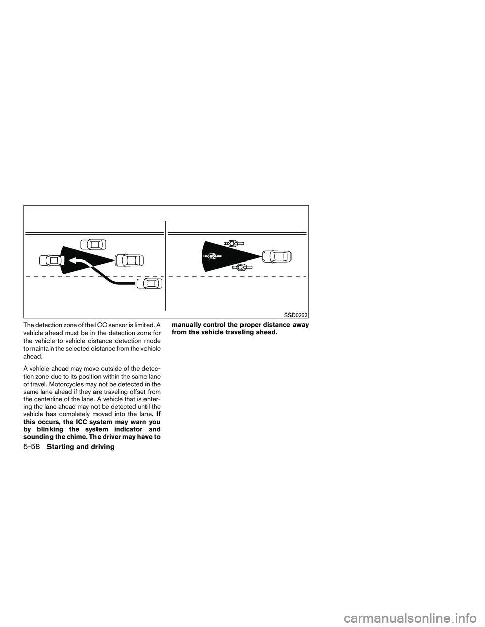 INFINITI QX60 2015 Service Manual The detection zone of the ICC sensor is limited. A
vehicle ahead must be in the detection zone for
the vehicle-to-vehicle distance detection mode
to maintain the selected distance from the vehicle
ahe
