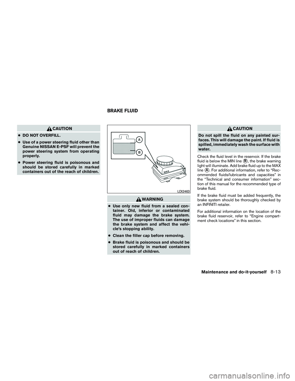 INFINITI QX60 2015 Service Manual CAUTION
●DO NOT OVERFILL.
● Use of a power steering fluid other than
Genuine NISSAN E-PSF will prevent the
power steering system from operating
properly.
● Power steering fluid is poisonous and
INFINITI QX60 2015 Service Manual CAUTION
●DO NOT OVERFILL.
● Use of a power steering fluid other than
Genuine NISSAN E-PSF will prevent the
power steering system from operating
properly.
● Power steering fluid is poisonous and