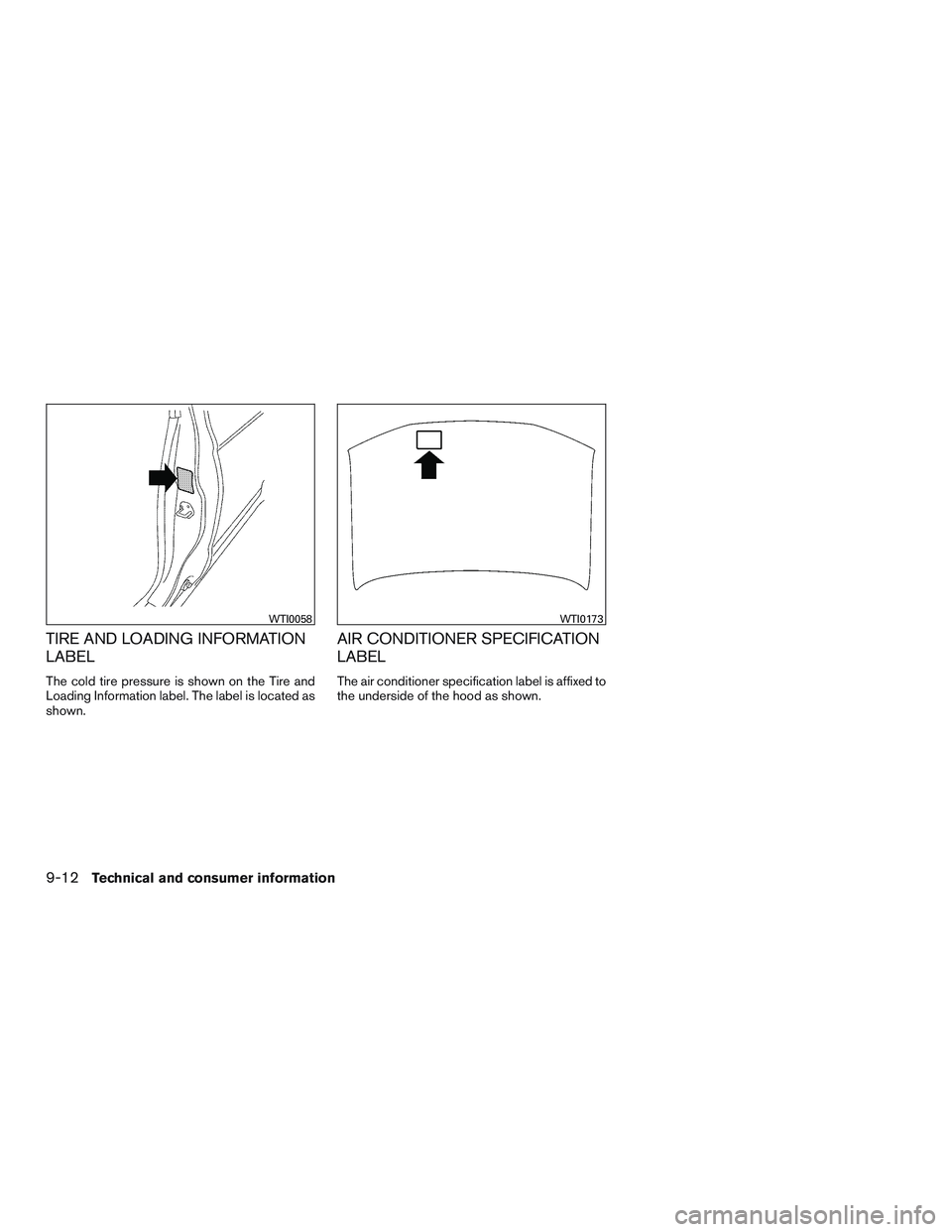 INFINITI QX60 2015  Owners Manual TIRE AND LOADING INFORMATION
LABEL
The cold tire pressure is shown on the Tire and
Loading Information label. The label is located as
shown.
AIR CONDITIONER SPECIFICATION
LABEL
The air conditioner spe