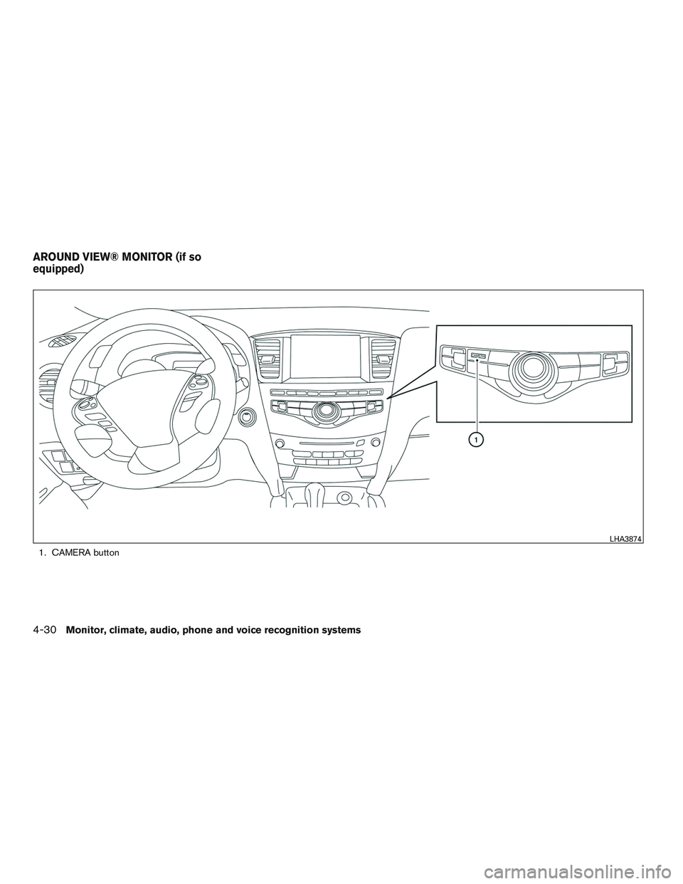 INFINITI QX60 2016  Owners Manual 1. CAMERA button
LHA3874
AROUND VIEW® MONITOR (if so
equipped)
4-30Monitor, climate, audio, phone and voice recognition systems 