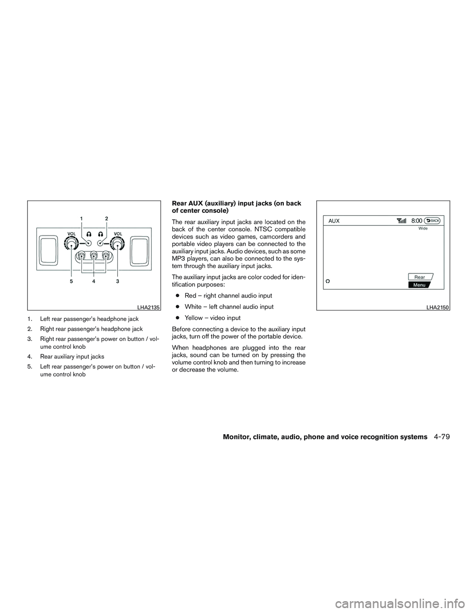 INFINITI QX60 2016 Owners Manual 1. Left rear passenger’s headphone jack
2. Right rear passenger’s headphone jack
3. Right rear passenger’s power on button / vol-ume control knob
4. Rear auxiliary input jacks
5. Left rear passe INFINITI QX60 2016 Owners Manual 1. Left rear passenger’s headphone jack
2. Right rear passenger’s headphone jack
3. Right rear passenger’s power on button / vol-ume control knob
4. Rear auxiliary input jacks
5. Left rear passe