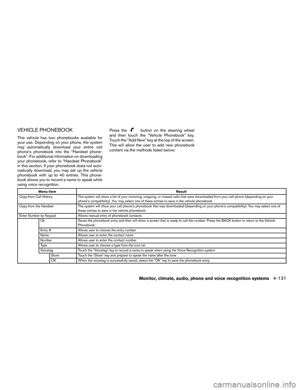 INFINITI QX60 2016  Owners Manual VEHICLE PHONEBOOK
This vehicle has two phonebooks available for
your use. Depending on your phone, the system
may automatically download your entire cell
phone’s phonebook into the “Handset phone-
