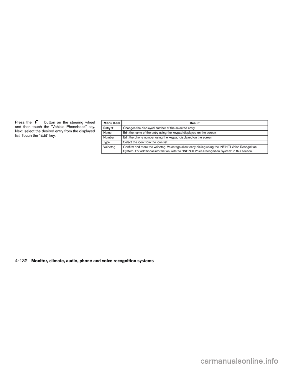 INFINITI QX60 2016  Owners Manual Press thebutton on the steering wheel
and then touch the Vehicle Phonebook key.
Next, select the desired entry from the displayed
list. Touch the Editkey.Menu Item Result
Entry # Changes the displ