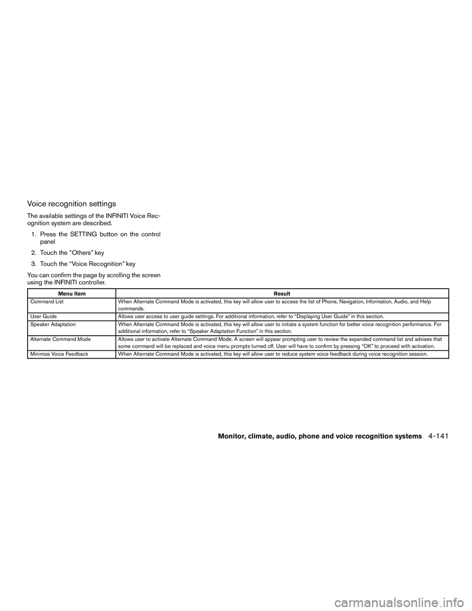 INFINITI QX60 2016  Owners Manual Voice recognition settings
The available settings of the INFINITI Voice Rec-
ognition system are described.1. Press the SETTING button on the control panel
2. Touch the ”Others” key
3. Touch the 