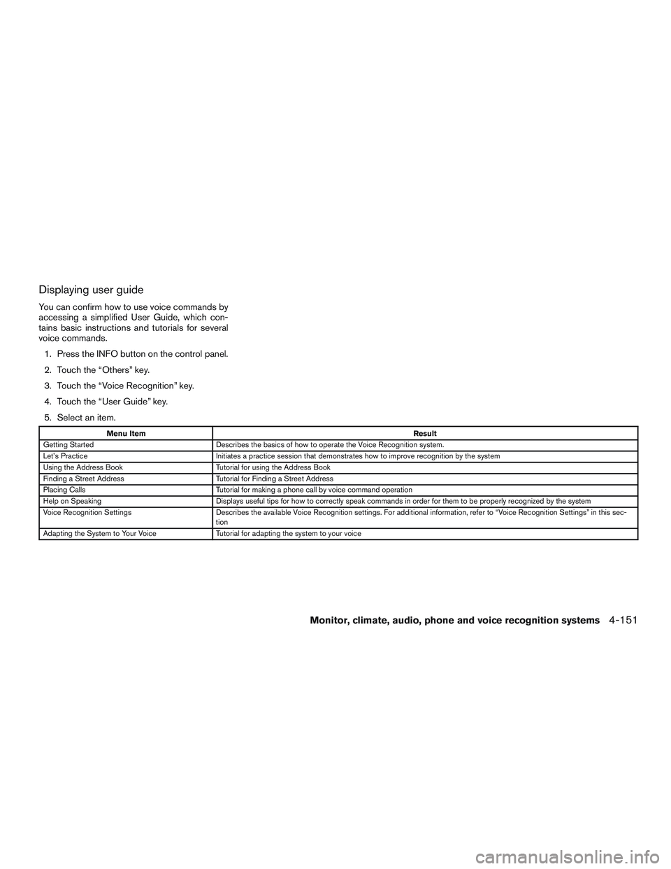 INFINITI QX60 2016  Owners Manual Displaying user guide
You can confirm how to use voice commands by
accessing a simplified User Guide, which con-
tains basic instructions and tutorials for several
voice commands.1. Press the INFO but