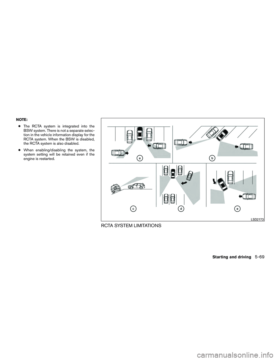 INFINITI QX60 2016  Owners Manual NOTE:● The RCTA system is integrated into the
BSW system. There is not a separate selec-
tion in the vehicle information display for the
RCTA system. When the BSW is disabled,
the RCTA system is als
