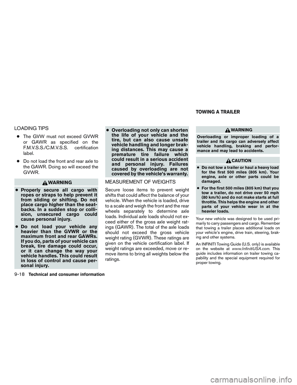 INFINITI QX60 2016 Manual PDF LOADING TIPS
●The GVW must not exceed GVWR
or GAWR as specified on the
F.M.V.S.S./C.M.V.S.S. certification
label.
● Do not load the front and rear axle to
the GAWR. Doing so will exceed the
GVWR.
INFINITI QX60 2016 Manual PDF LOADING TIPS
●The GVW must not exceed GVWR
or GAWR as specified on the
F.M.V.S.S./C.M.V.S.S. certification
label.
● Do not load the front and rear axle to
the GAWR. Doing so will exceed the
GVWR.