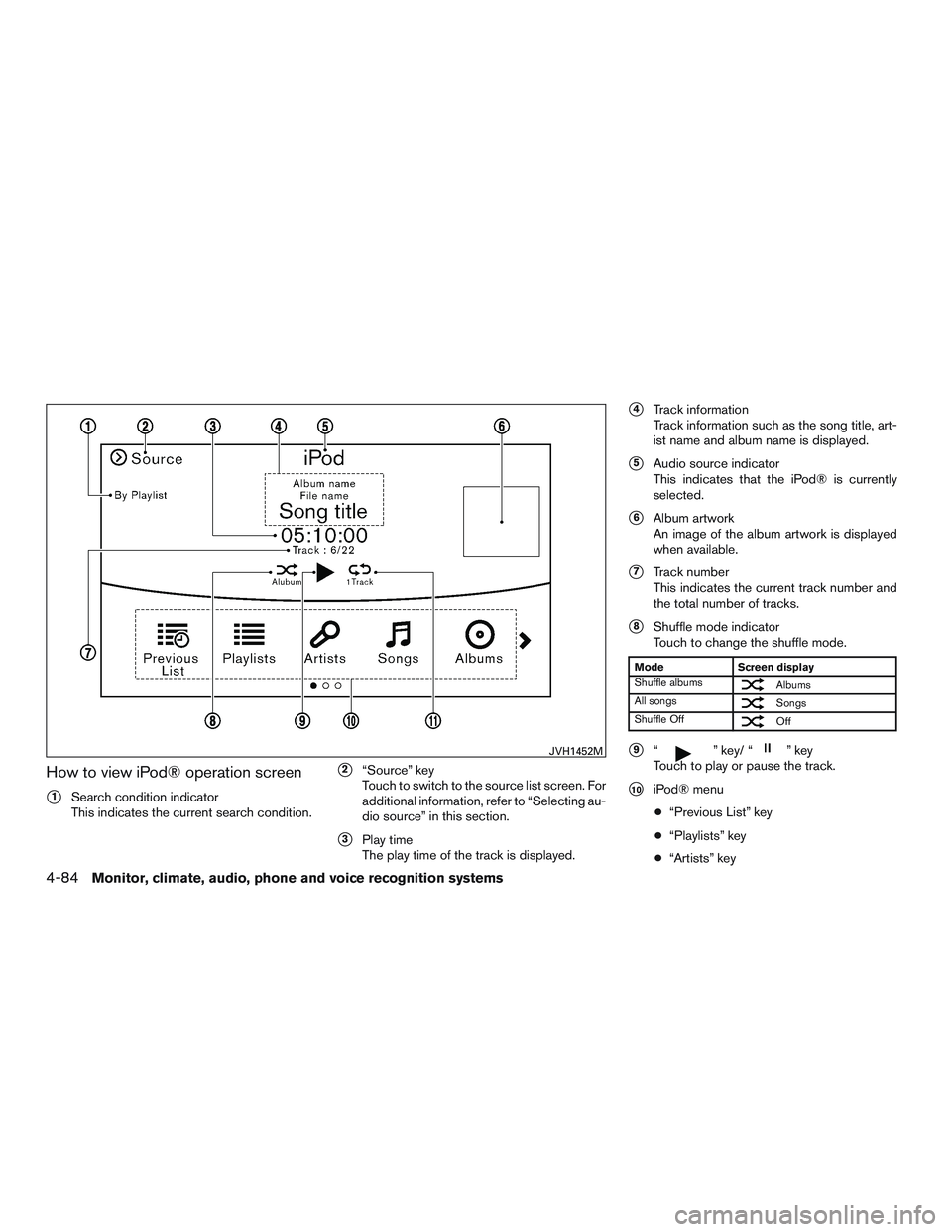 INFINITI QX60 2017  Owners Manual How to view iPod® operation screen
1Search condition indicator
This indicates the current search condition.
2“Source” key
Touch to switch to the source list screen. For
additional information, 