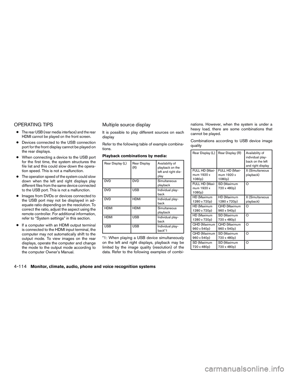 INFINITI QX60 2017 Owners Manual OPERATING TIPS
●The rear USB (rear media interface) and the rear
HDMI cannot be played on the front screen.
● Devices connected to the USB connection
port for the front display cannot be played on INFINITI QX60 2017 Owners Manual OPERATING TIPS
●The rear USB (rear media interface) and the rear
HDMI cannot be played on the front screen.
● Devices connected to the USB connection
port for the front display cannot be played on