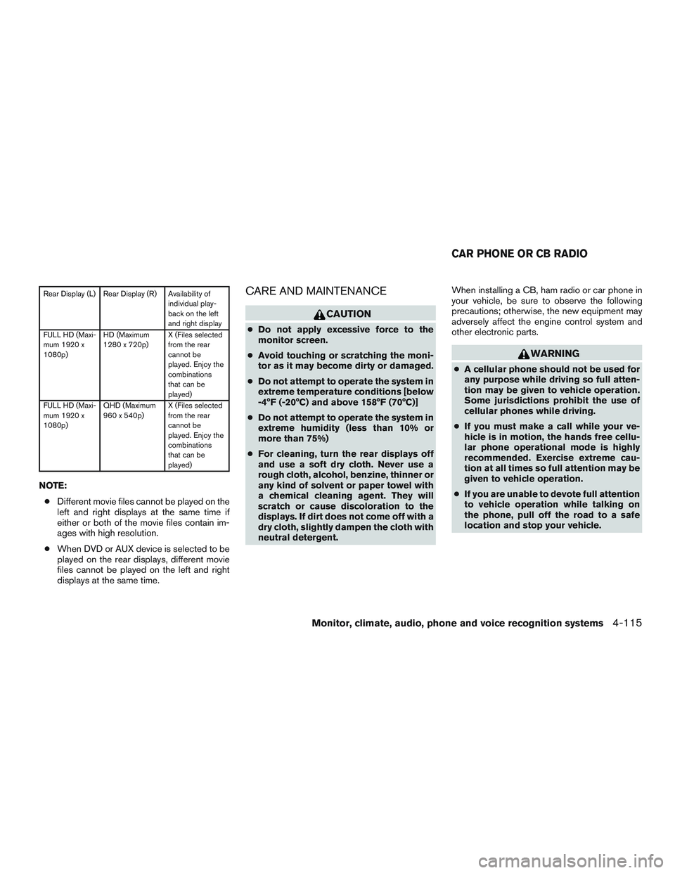 INFINITI QX60 2017 Owners Manual Rear Display (L) Rear Display (R) Availability ofindividual play-
back on the left
and right display
FULL HD (Maxi-
mum 1920 x
1080p) HD (Maximum
1280 x 720p)
X (Files selected
from the rear
cannot be INFINITI QX60 2017 Owners Manual Rear Display (L) Rear Display (R) Availability ofindividual play-
back on the left
and right display
FULL HD (Maxi-
mum 1920 x
1080p) HD (Maximum
1280 x 720p)
X (Files selected
from the rear
cannot be