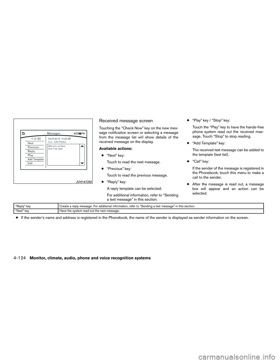 INFINITI QX60 2017  Owners Manual Received message screen
Touching the “Check Now” key on the new mes-
sage notification screen or selecting a message
from the message list will show details of the
received message on the display.
