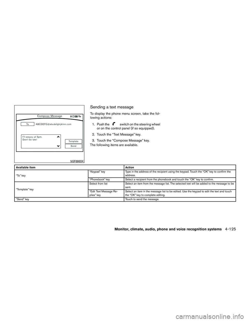 INFINITI QX60 2017  Owners Manual Sending a text message
To display the phone menu screen, take the fol-
lowing actions:1. Push the
switch on the steering wheel
or on the control panel (if so equipped) .
2. Touch the “Text Message