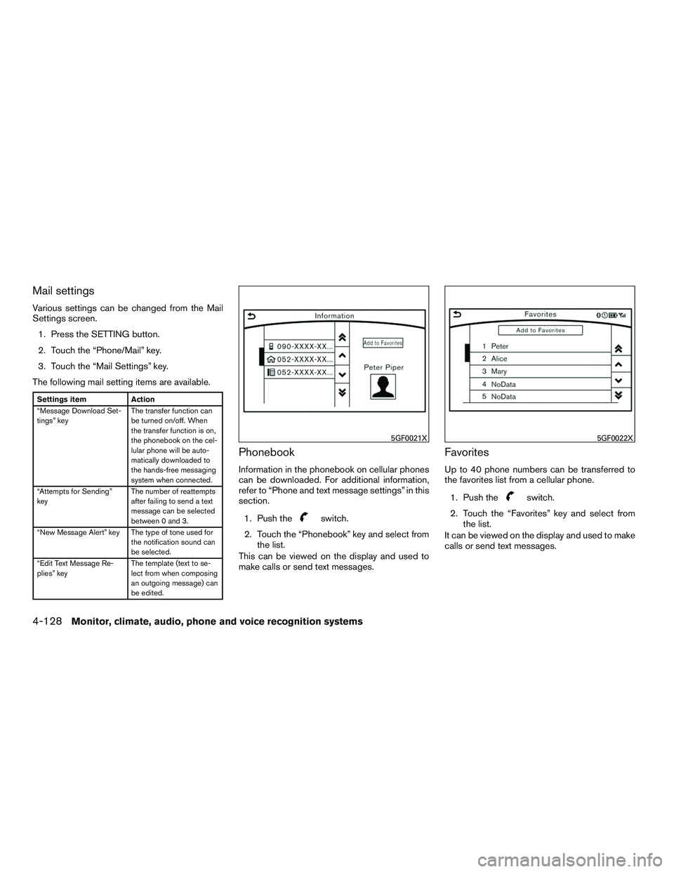 INFINITI QX60 2017  Owners Manual Mail settings
Various settings can be changed from the Mail
Settings screen.1. Press the SETTING button.
2. Touch the “Phone/Mail” key.
3. Touch the “Mail Settings” key.
The following mail set