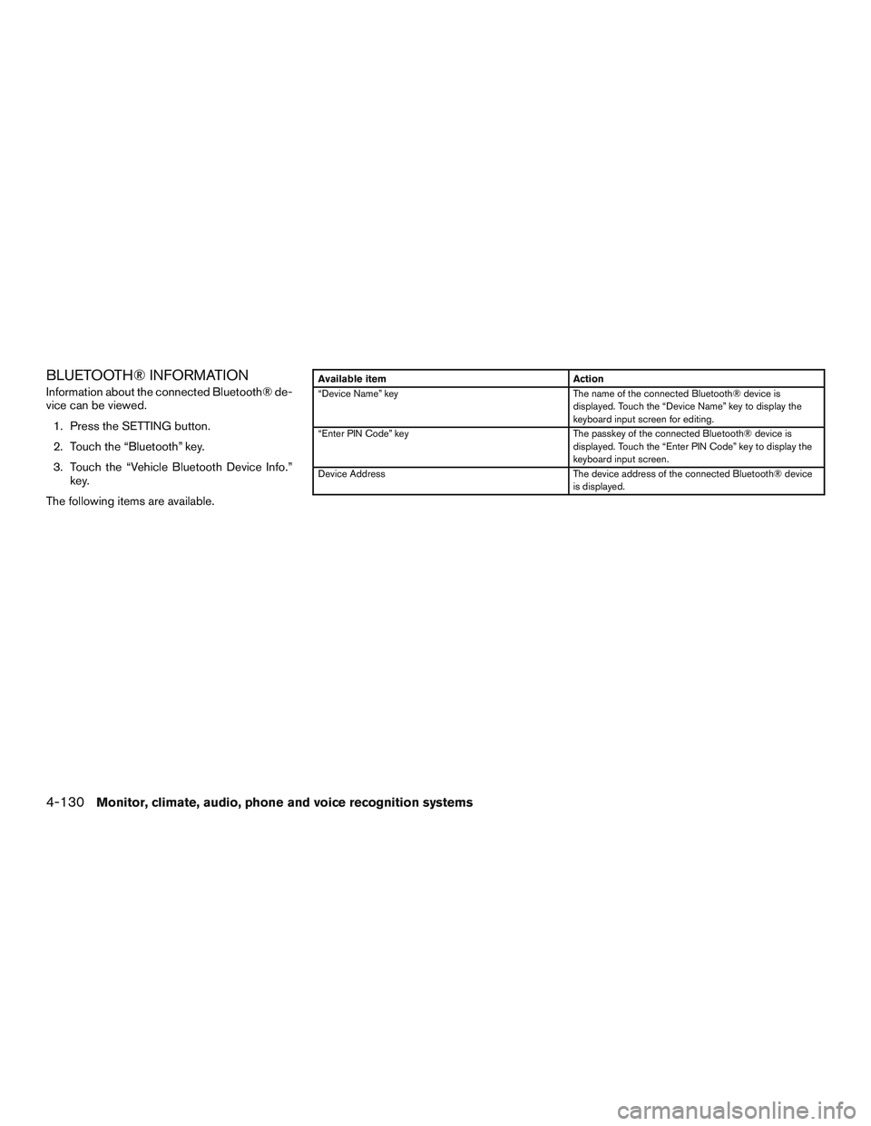 INFINITI QX60 2017  Owners Manual BLUETOOTH® INFORMATION
Information about the connected Bluetooth® de-
vice can be viewed.1. Press the SETTING button.
2. Touch the “Bluetooth” key.
3. Touch the “Vehicle Bluetooth Device Info.