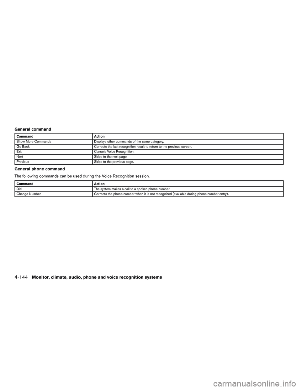 INFINITI QX60 2017  Owners Manual General command
CommandAction
Show More Commands Displays other commands of the same category.
Go Back Corrects the last recognition result to return to the previous screen.
Exit Cancels Voice Recogni