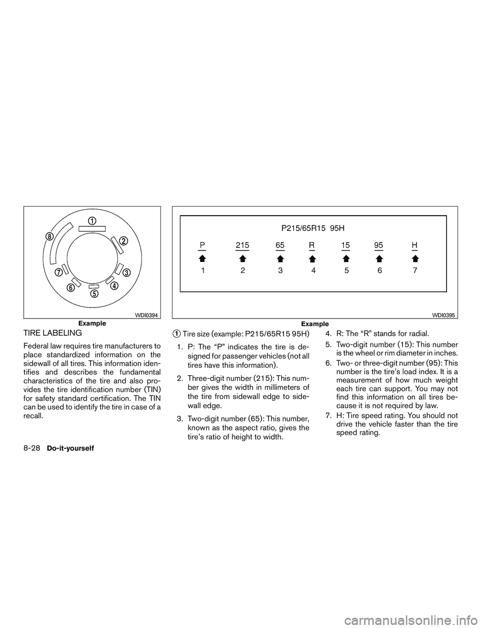 INFINITI QX60 2017  Owners Manual TIRE LABELING
Federal law requires tire manufacturers to
place standardized information on the
sidewall of all tires. This information iden-
tifies and describes the fundamental
characteristics of the