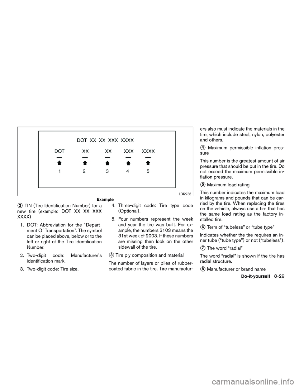 INFINITI QX60 2017  Owners Manual 2TIN (Tire Identification Number) for a
new tire (example: DOT XX XX XXX
XXXX)
1. DOT: Abbreviation for the “Depart- ment Of Transportation”. The symbol
can be placed above, below or to the
left 